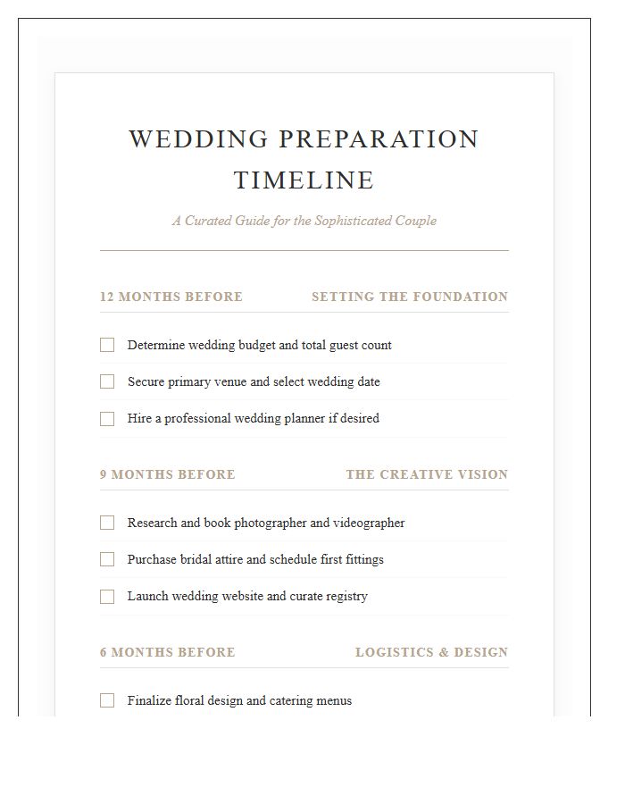 Formal Wedding Preparation Timeline Printable Chart