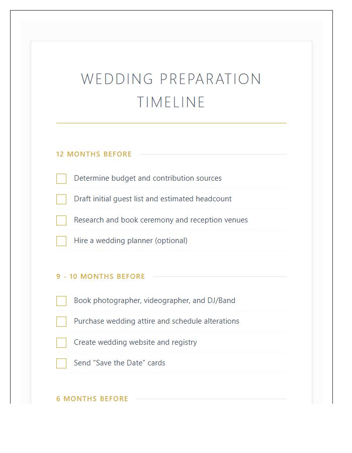 Master Wedding Preparation Timeline Printable Chart
