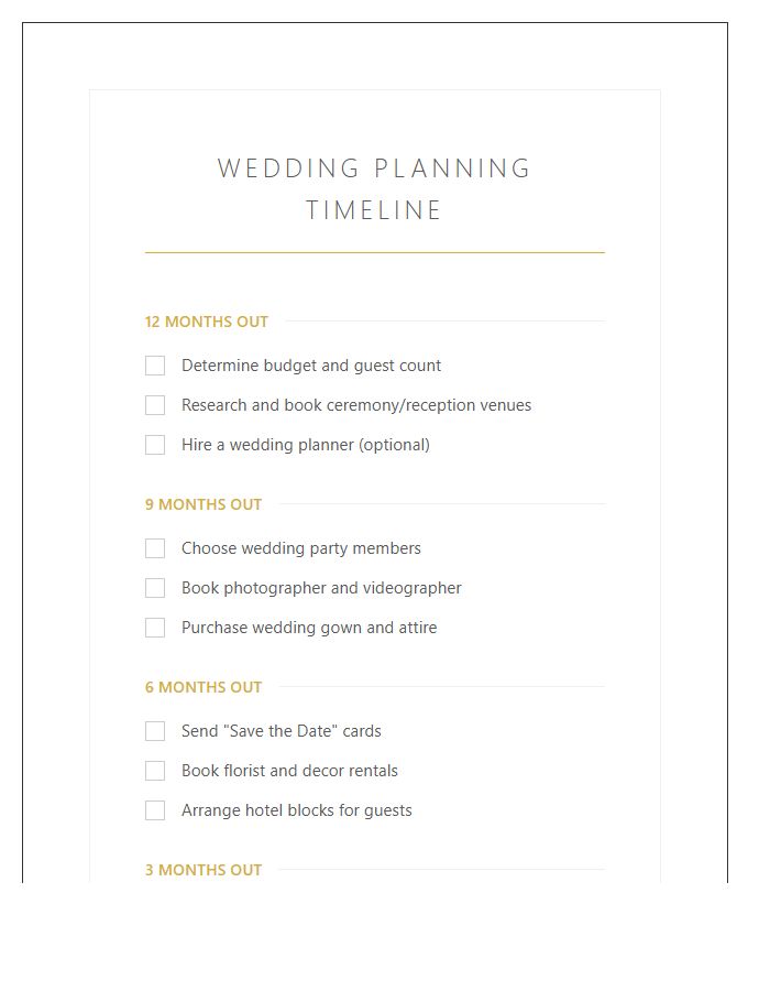 Monthly Wedding Preparation Timeline Printable Chart