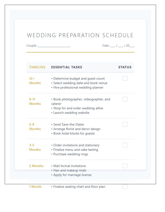 Organized Wedding Preparation Schedule Printable Chart