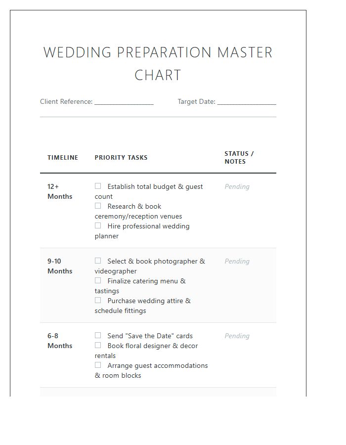Professional Wedding Planning Preparation Printable Chart