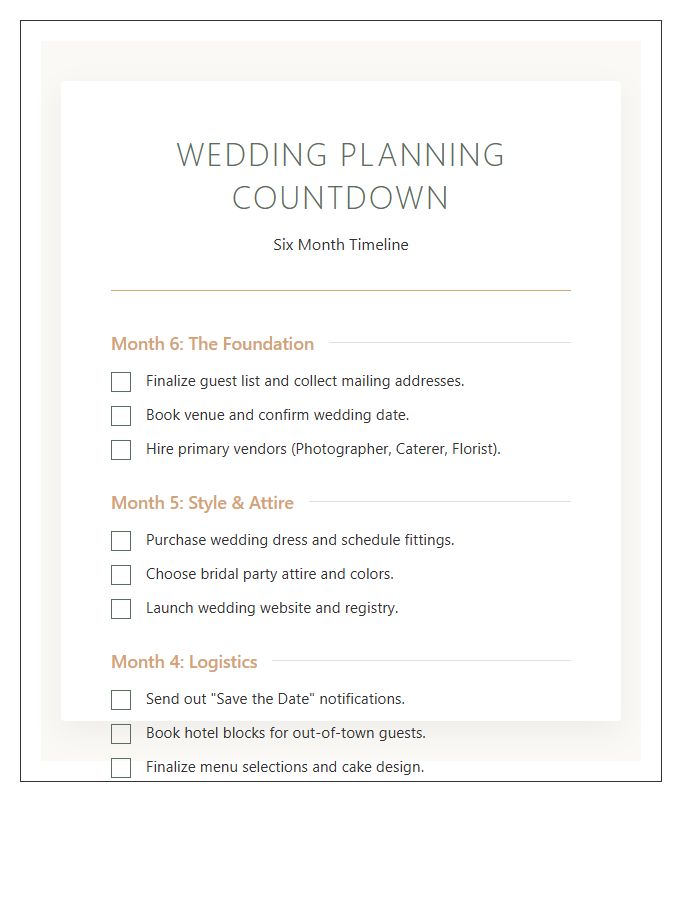 Six Month Wedding Planning Printable Chart