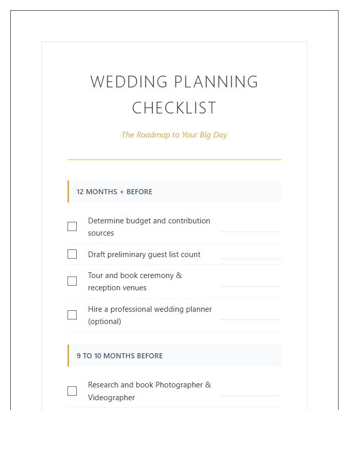Thorough Wedding Planning Checklist Printable Chart