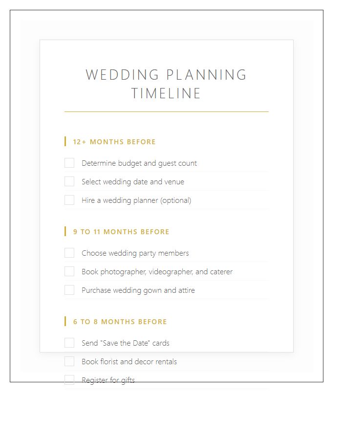 Traditional Wedding Preparation Timeline Printable Chart