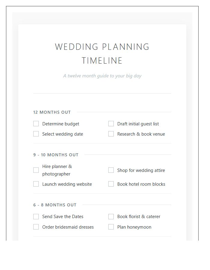 Twelve Month Wedding Planning Timeline Printable Chart