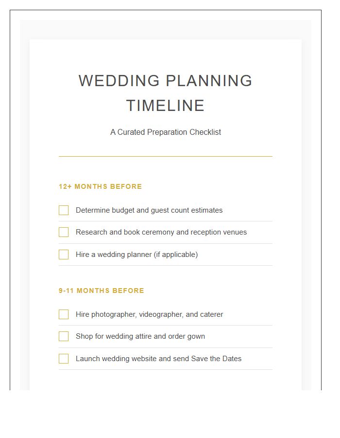 Wedding Planning Preparation Timeline Printable Chart