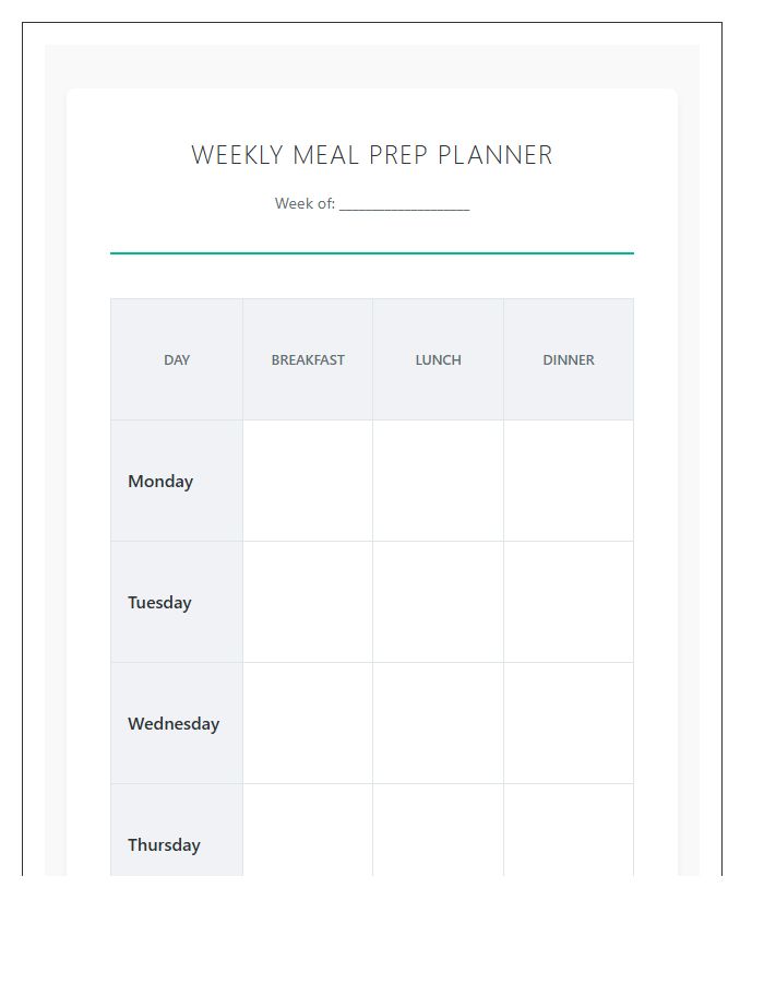 Beginner Meal Prep Schedule Printable Chart