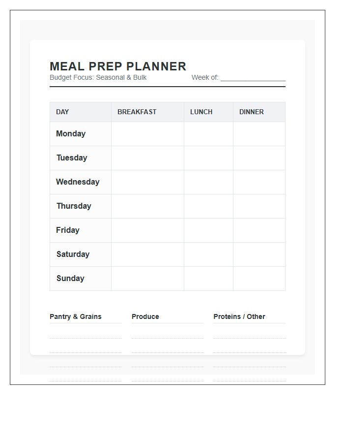 Budget Friendly Meal Prep Printable Chart