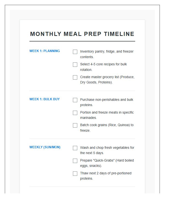 Monthly Meal Prep Timeline Printable Chart