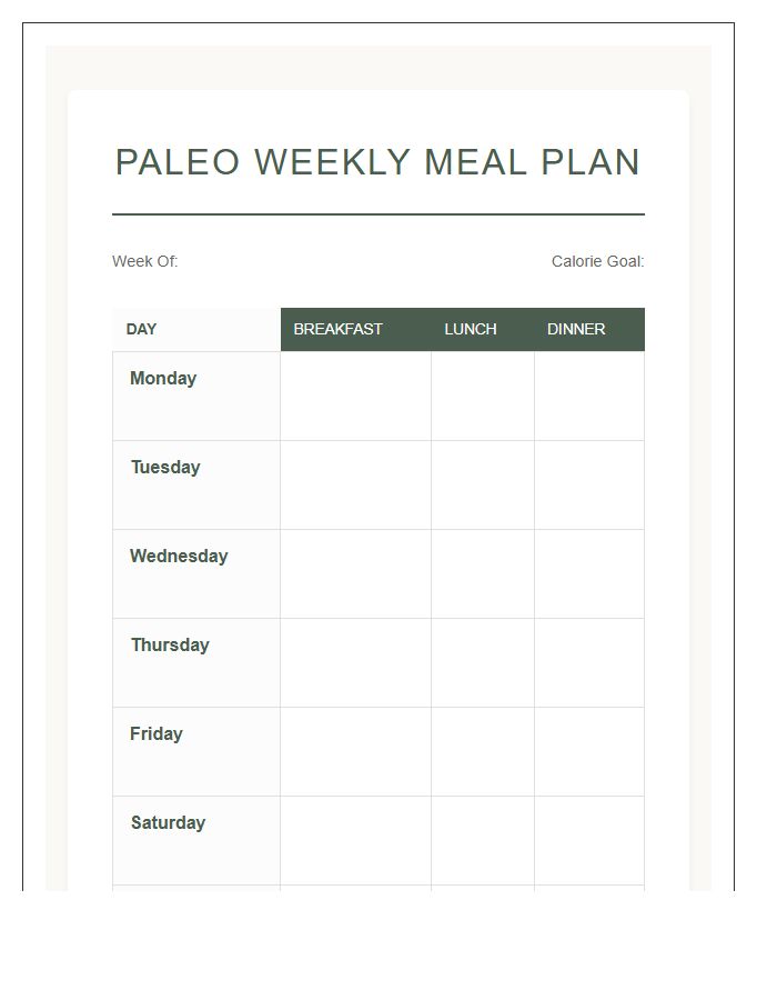 Paleo Diet Meal Prep Printable Chart