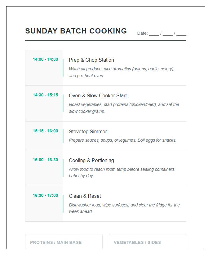Sunday Batch Cooking Timeline Printable Chart