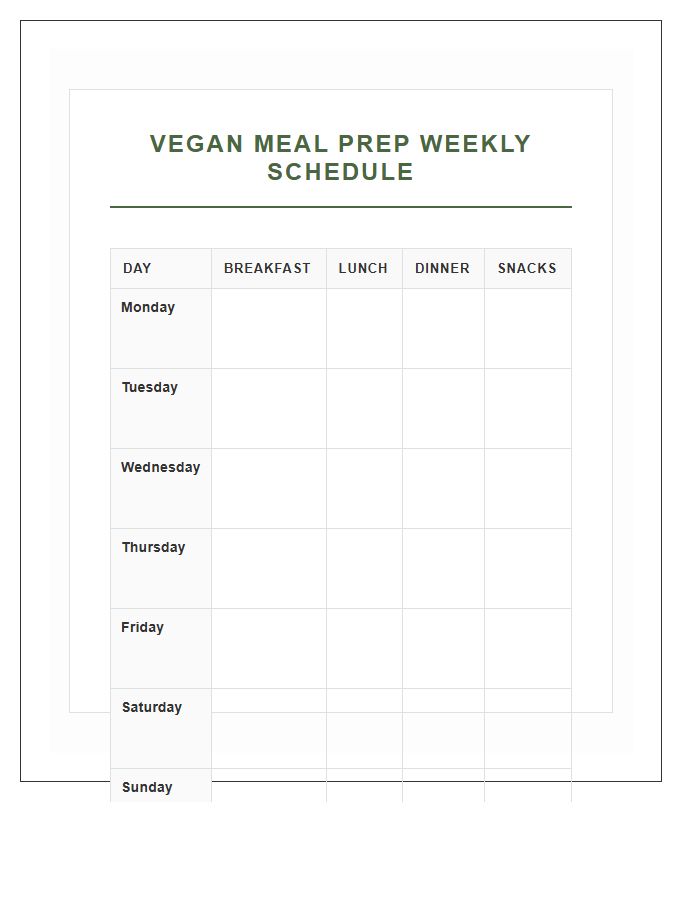 Vegan Meal Prep Schedule Printable Chart