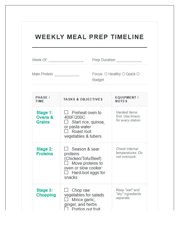 Weekly Meal Prep Timeline Printable Chart