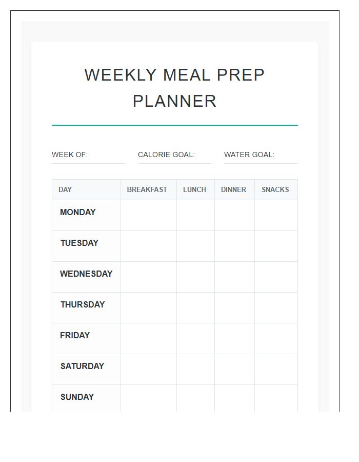 Weight Loss Meal Prep Printable Chart
