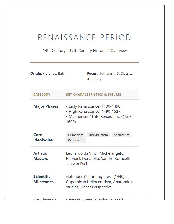 Renaissance Period Overview Printable Chart
