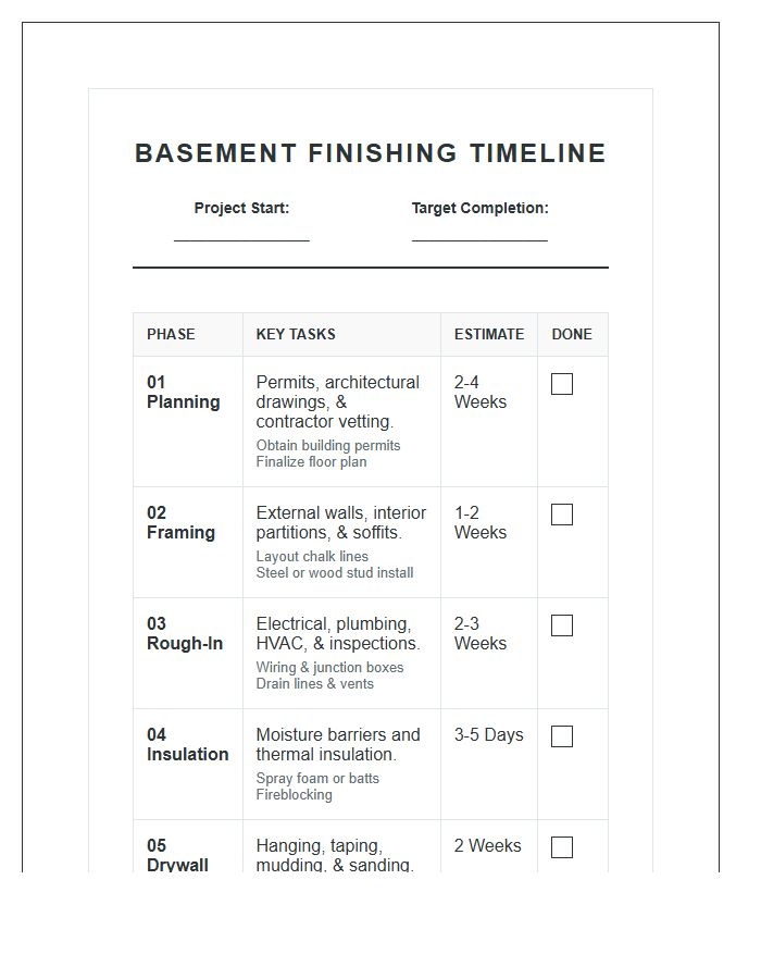 Basement Finishing Project Timeline Printable Chart
