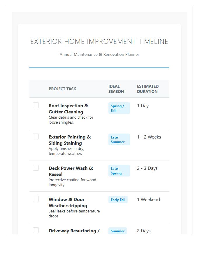 Exterior Home Improvement Timeline Printable Chart