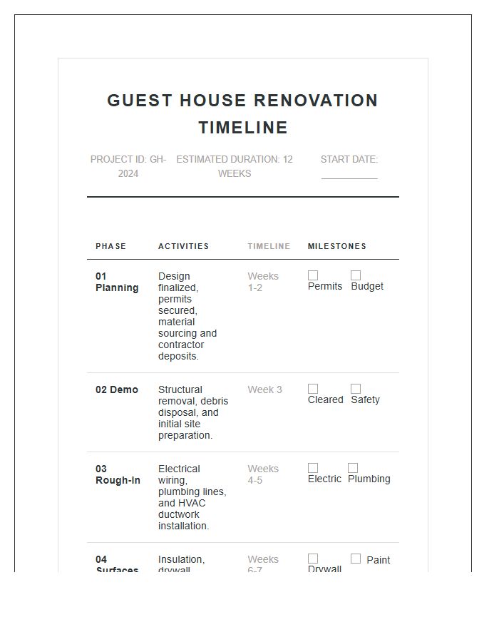 Guest House Renovation Timeline Printable Chart