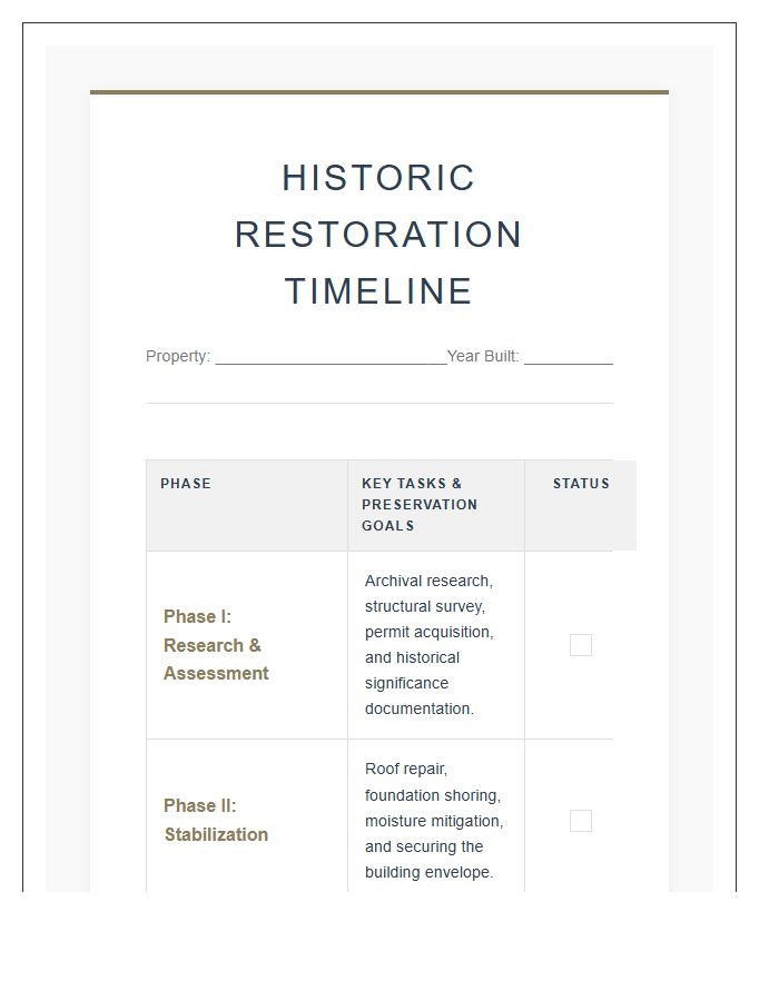 Historic Home Restoration Timeline Printable Chart