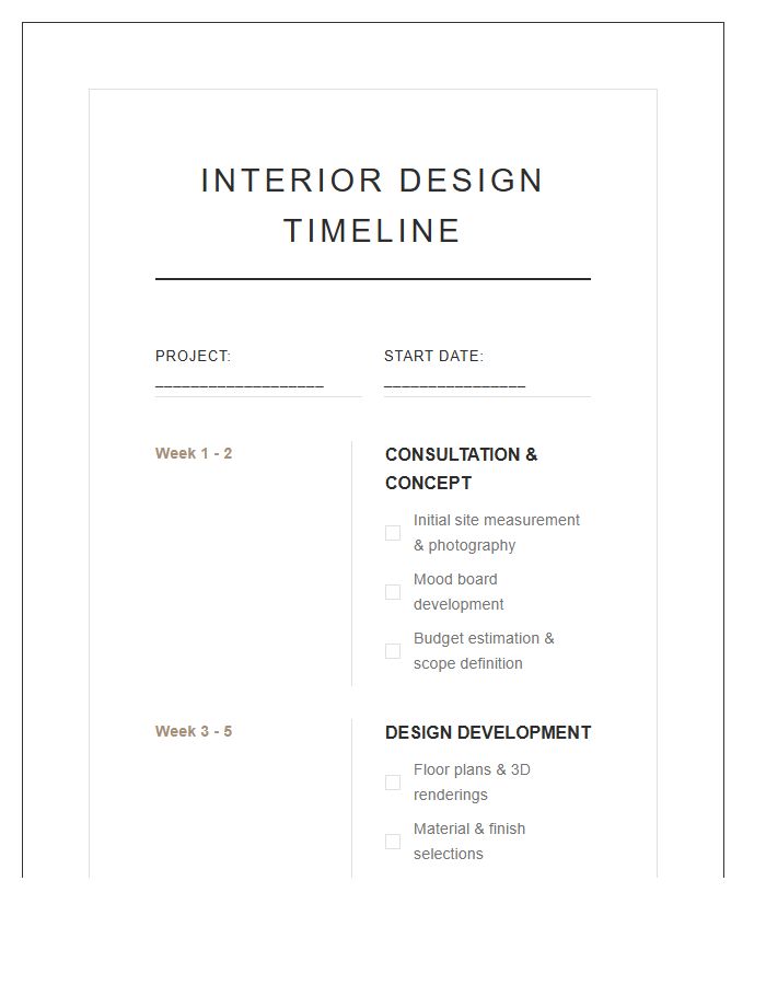 Interior Design Renovation Timeline Printable Chart