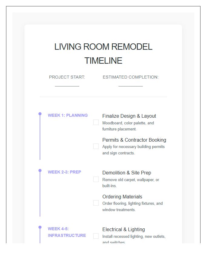 Living Room Remodel Timeline Printable Chart