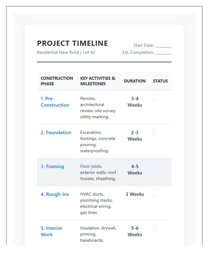 Residential Construction Project Timeline Printable Chart