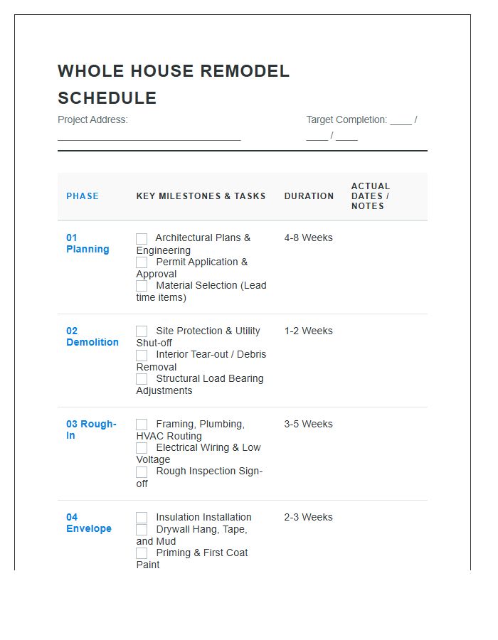 Whole House Remodel Schedule Printable Chart