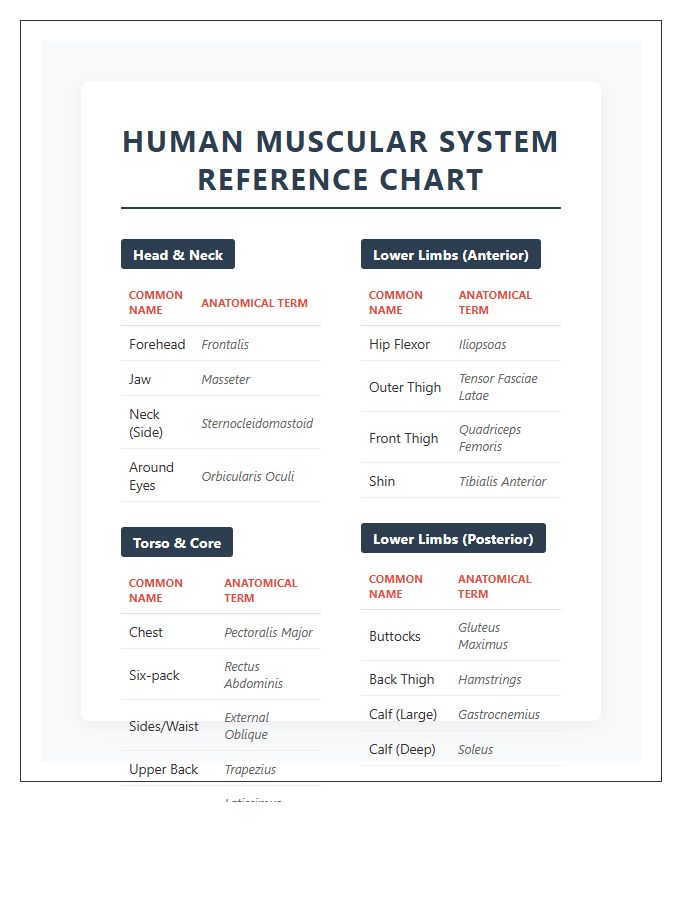 Comprehensive Human Muscular System Printable Chart