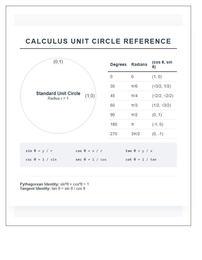 Calculus Unit Circle Reference Printable Chart