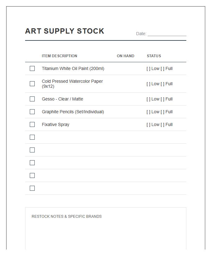 Art Supply Stock Printable Chart
