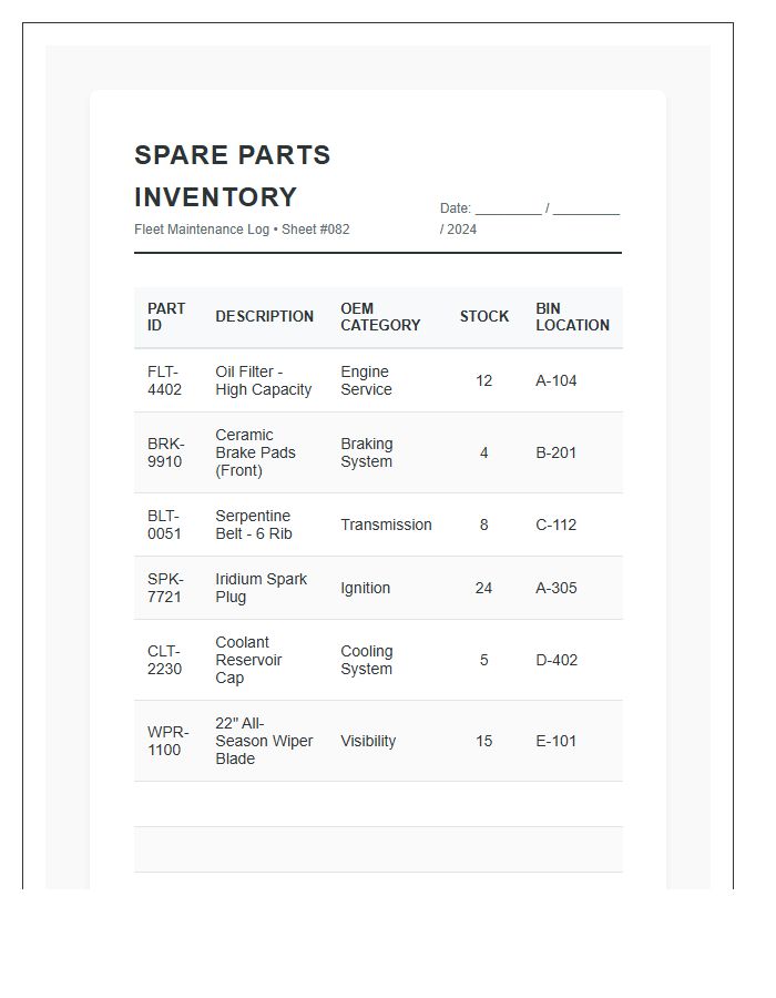 Automotive Spare Parts Printable Chart