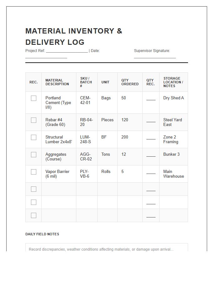 Construction Site Material Printable Chart
