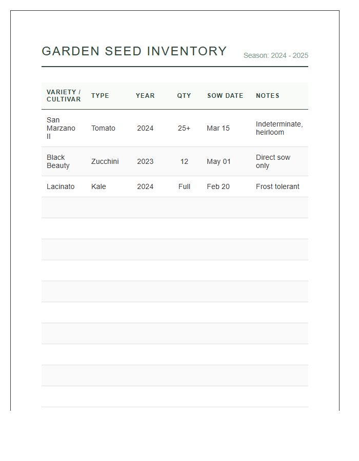 Garden Seed Inventory Printable Chart