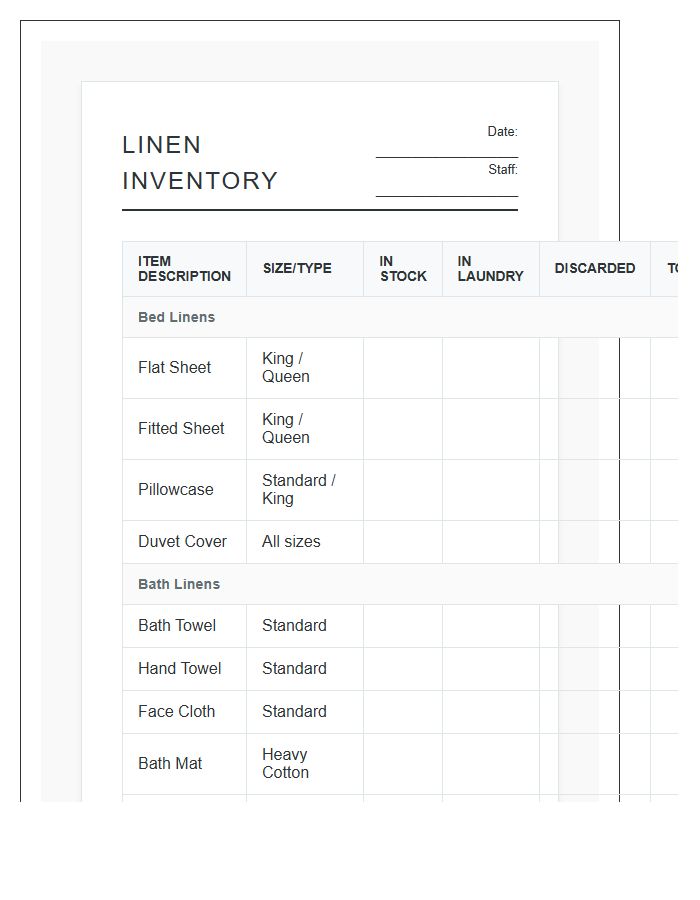 Hotel Linens Inventory Printable Chart