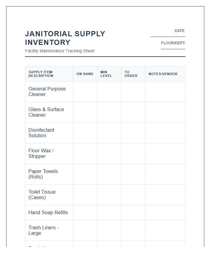 Janitorial Supply Tracking Printable Chart