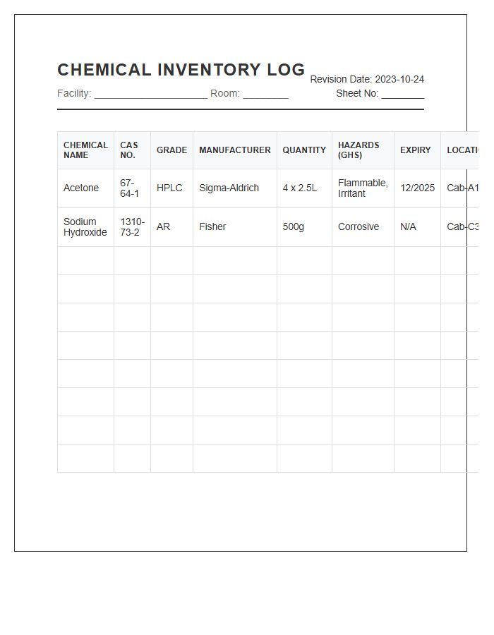 Laboratory Chemical Inventory Printable Chart