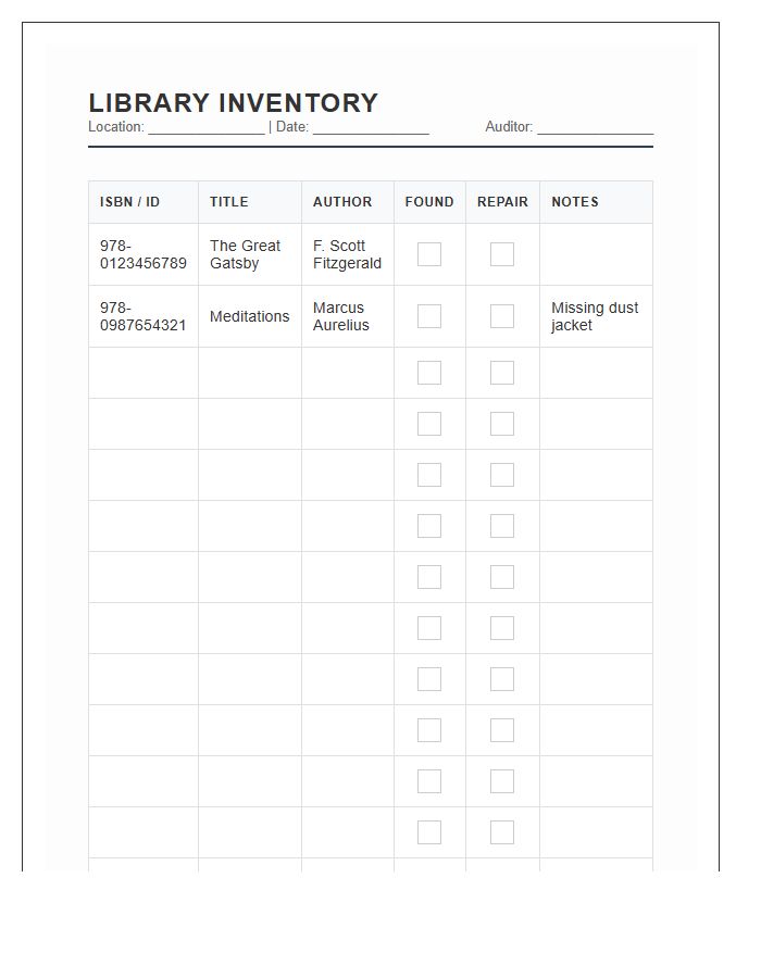 Library Collection Inventory Printable Chart
