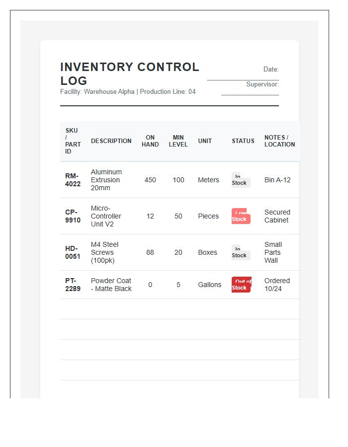 Manufacturing Inventory Control Printable Chart