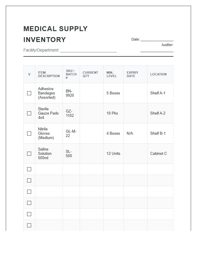 Medical Supply Inventory Printable Chart