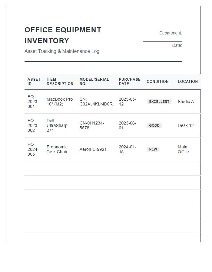Office Equipment Inventory Printable Chart