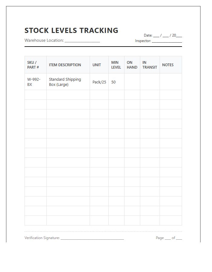 Warehouse Stock Levels Tracking Printable Chart