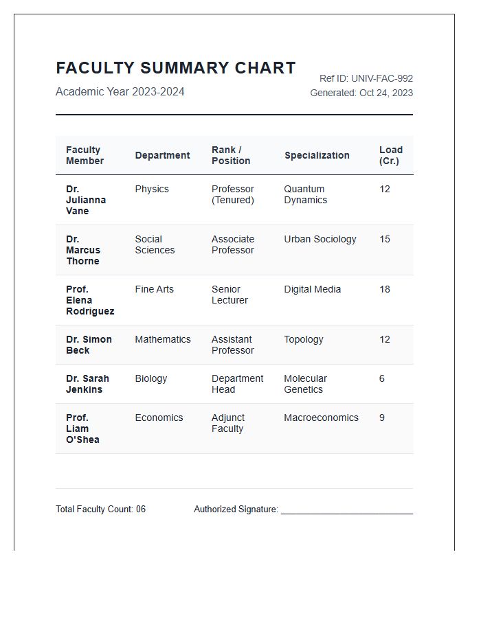 Academic Institution Faculty Printable Chart Summary