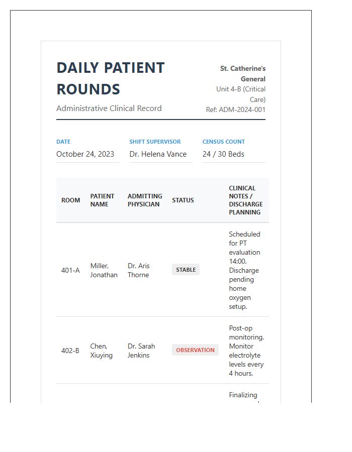 Healthcare Facility Administration Printable Chart Format