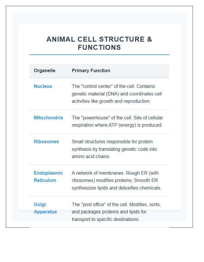 Animal Cell Structure Functions Printable Chart