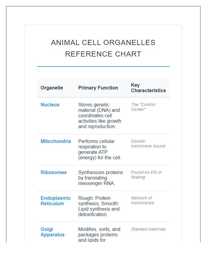 Internal Animal Cell Organelles Printable Chart