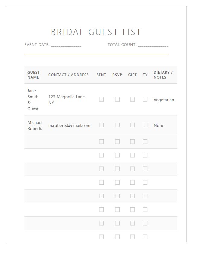 Bridal Guest List Management Printable Chart