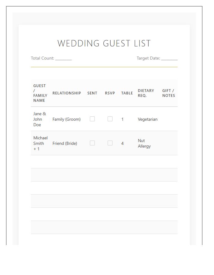 Comprehensive Wedding Guest List Printable Chart
