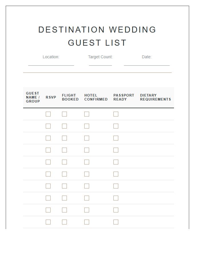 Destination Wedding Guest List Printable Chart