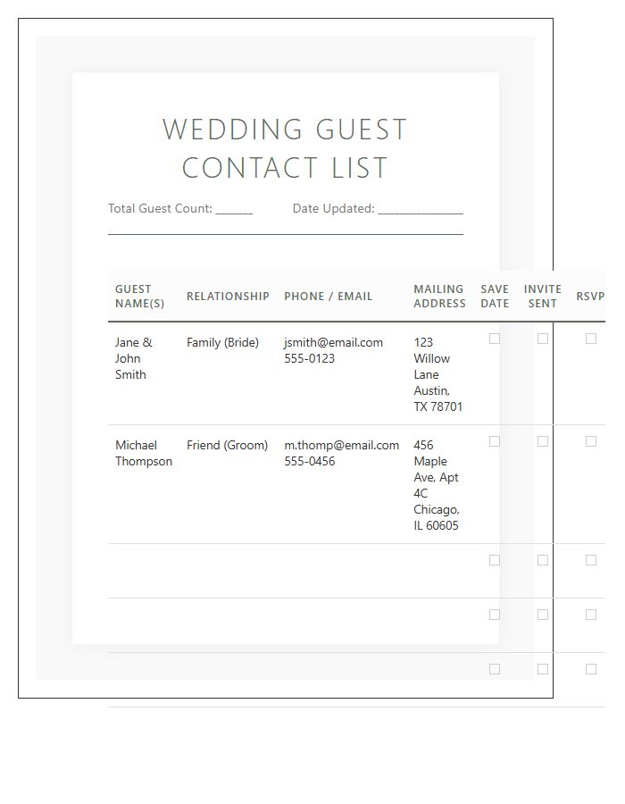 Detailed Wedding Guest Contact List Printable Chart