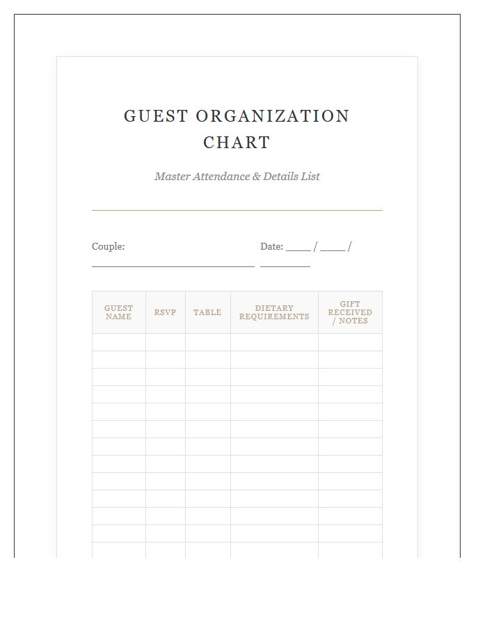 Elegant Wedding Guest Organization Printable Chart
